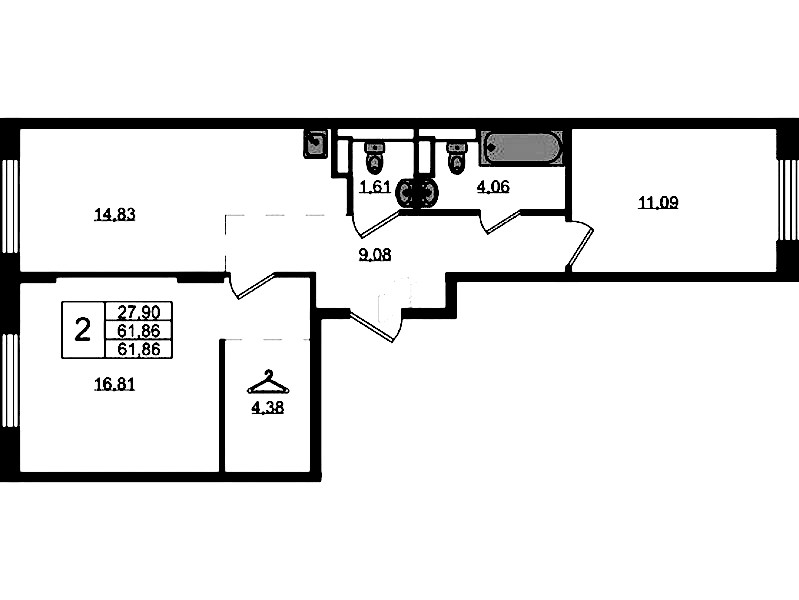 2-комнатная квартира 61.86 м², 10/12 эт., ЖК «Новые Лаврики»